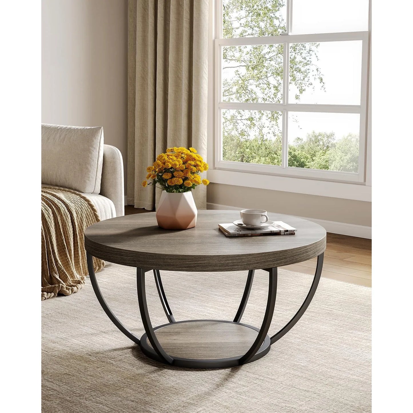 32 Inch Circle Marble Coffee Table Two Tier Golden Legs