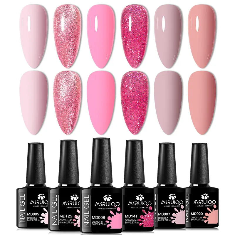 6Pc Gel Nail Polish Set Nude Pink Red Glitter Soak Vernis